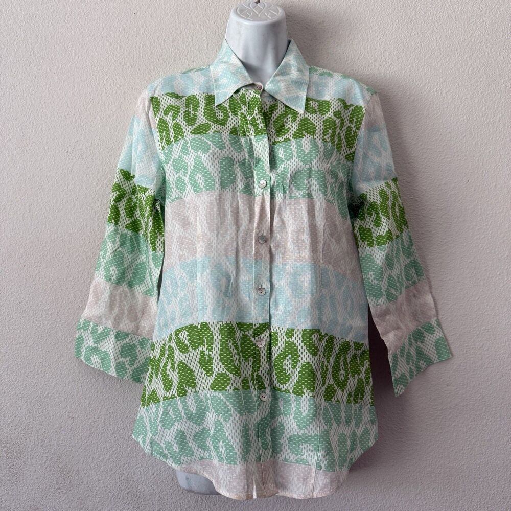 Paperwhite 100% Linen Shirt Blouse 10 Green Animal Print Coastal Boho Button Up